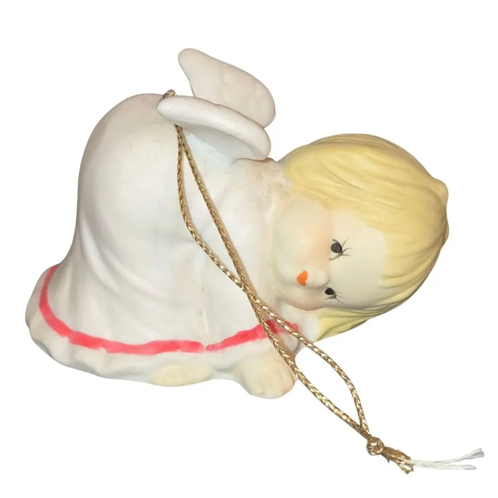 Vintage Pair of Red & White Porcelain Angel‎ Baby Cherub Christmas Ornaments